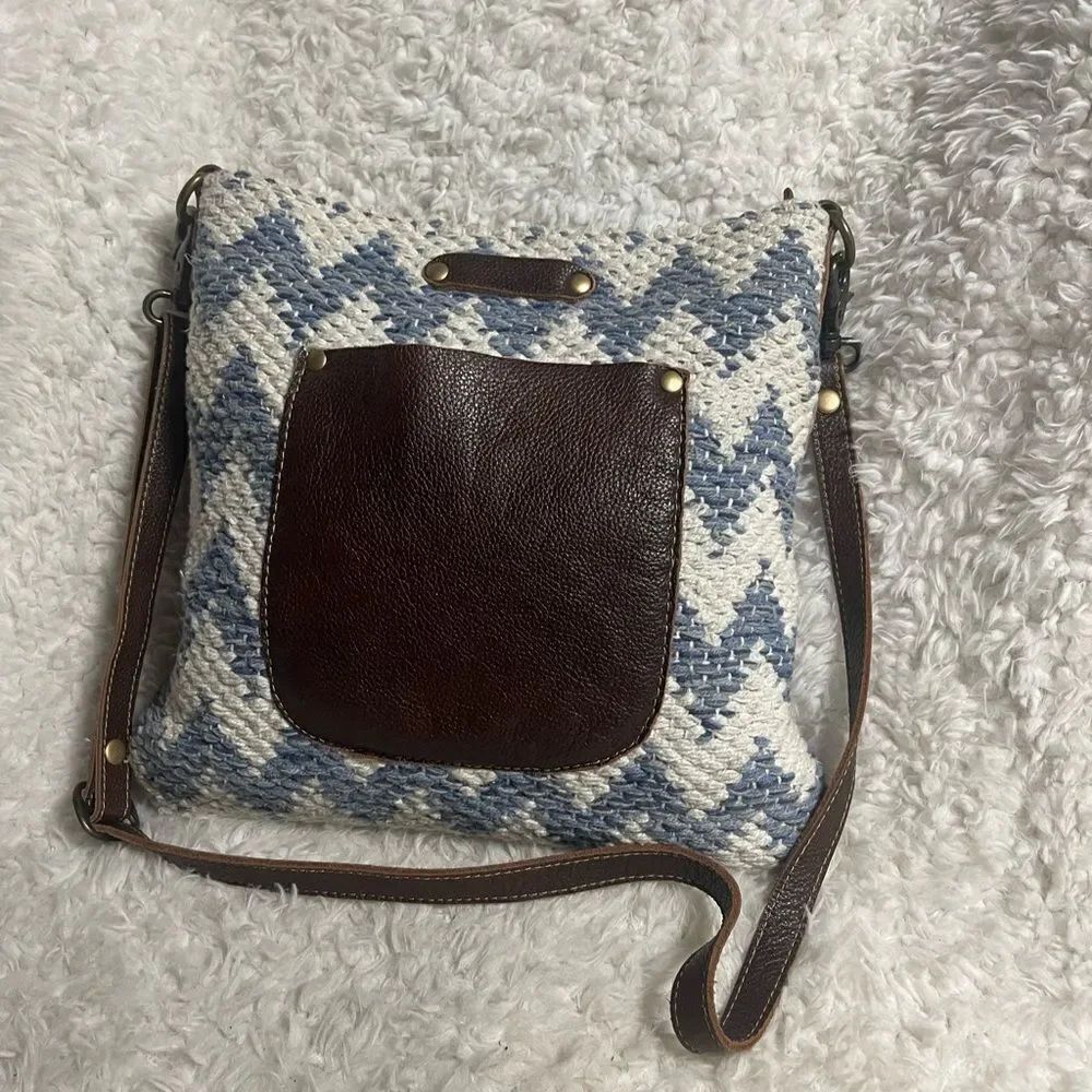 Myra Bag Cotton Blue & White woven shoulder bag with brown leather pocket &Trim